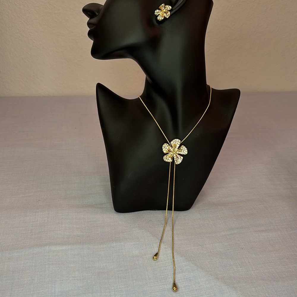 Rhinestone Flower Lariat Necklace & Stud Pierced Earring Set in Gold-Tone